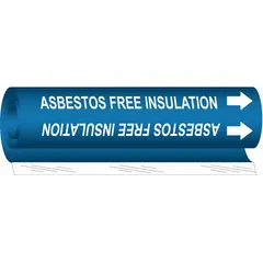 Blue wrap-around pipe marker with white legend reading 'Asbestos Free Insulation' and directional arrows. Fits pipe outer diameters from 2-1/2 to 7-7/8 inches. Used to identify pipe sections without asbestos insulation in industrial piping systems.