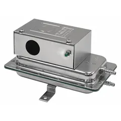Auto reset air pressure switch with adjustable set-point range of 0.05 in wc to 2 in wc. SPDT switching, barb connection, and conduit box enclosure. Rated for 277V AC. Used for sensing positive or negative air pressure in HVAC systems, such as duct static pressure monitoring or filter status indication.