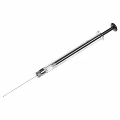 Gastight syringe with 1 mL capacity, borosilicate glass barrel, PTFE plunger and tip, and removable Large RN hub needle with point style 2. Includes needles, sterile, individually packaged. Used for precise liquid handling in chromatography and analytical chemistry.