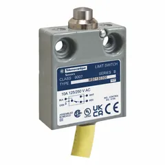 This top-mount plunger limit switch from the 9007MS series features a metallic body made of zinc and a plunger actuator. It has a maximum operating force of 80 ozf and is supplied with a pre-wired cable for electrical connection. Typical applications include position sensing in industrial automation, such as on conveyors, packaging lines, and machine tools.