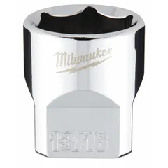 This MILWAUKEE hand socket features a 3/8 in drive and 13/16 in socket size with a 6-point configuration for secure engagement with hex fasteners. The chrome finish resists corrosion, and the anti-roll design prevents the socket from rolling on sloped surfaces. Suitable for tightening or loosening fasteners in general maintenance and repair tasks.