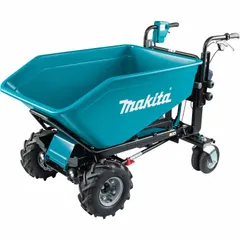 Battery-powered dump bucket for material handling on job sites. Operates on 36V LXT system (battery not included). Four-wheel design provides stability on uneven terrain. Tool-only unit.