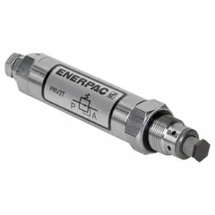Modular pressure control valve constructed from steel with knob adjustment. Rated for maximum flow of 4 gpm and maximum pressure set of 4,350 psi. Port size is 1/4 inch. Used in hydraulic systems to regulate and limit pressure in applications such as industrial machinery, presses, and test stands.