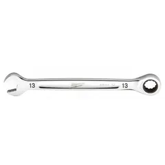 This 13 mm metric 12-point ratcheting combination wrench features a chrome vanadium steel construction with a chrome finish. The ratcheting box end allows continuous turning without repositioning, improving efficiency in confined spaces. Suitable for tightening and loosening fasteners in mechanical and industrial maintenance applications.
