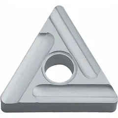 Triangle (T) indexable turning insert made of Cerment material. Used for finish turning of steel and cast iron in lathe operations, providing a smooth surface finish.