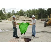 This reusable frameless insert street drain filter captures debris and sediment. It measures 30 inches in length, 30 inches in width, and 36 inches in height, with a sediment capacity of 500 pounds. Suitable for stormwater management, construction sites, and industrial yards to prevent pollutants from entering drainage systems