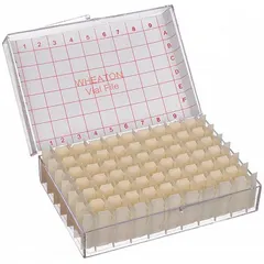 This beige polystyrene storage box from WHEATON measures 2 1/2 inches in height and 7 5/8 inches in length. It is designed for organizing and protecting vials or test tubes in laboratory environments. The case provides secure containment during storage or transport.