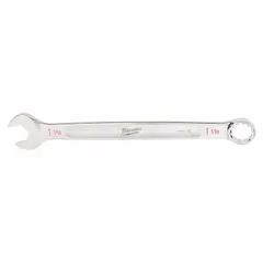 This SAE 12-point combination wrench has a 1-1/16 in head size and 14-3/8 in overall length. It is made of steel with a chrome finish. The wrench is used for tightening or loosening fasteners with a 12-point interface in industrial maintenance, assembly, and repair tasks.