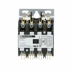 Three-phase definite purpose contactor with 4 normally open poles, rated 30 A and 277V AC coil. Maximum voltage 600V AC. Screw clamp terminals. Suitable for HVACR equipment such as air conditioning, refrigeration, and heating systems.