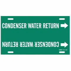 Green strap-on pipe marker with white legend reading 'Condenser Water Return'. Fits pipe outer diameters from 8 to 9-7/8 inches. Includes directional arrows for flow indication. Used to identify condenser water return lines in industrial piping systems.