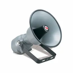 Powered horn speaker for outdoor use. 1-way unit operates on 24V DC. Overall height 17 inches, width 13 inches. Suitable for public address or emergency warning systems in industrial environments.
