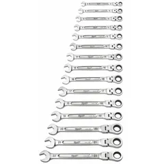 This 15-piece metric 12-point ratcheting combination wrench set includes sizes from 8 mm to 22 mm. The wrenches are constructed from steel and chrome vanadium, featuring flex heads for access in confined spaces. The set is organized in a tray for storage. Suitable for tightening and loosening fasteners in mechanical assembly and maintenance tasks.