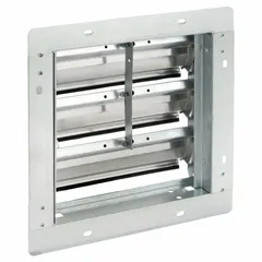 This wall-mount backdraft damper features a single-panel flat blade design for horizontal airflow and vertical mounting. It measures 13 inches high by 13 inches wide by 2.5 inches deep, with a maximum air velocity of 2500 fpm. Suitable for exhaust and intake ventilation systems to prevent reverse airflow when the fan is off.
