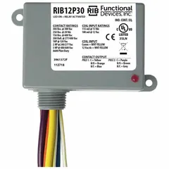 General purpose power relay with 30 A rating and DPDT contact configuration. Enclosed pre-wired design with 0.75 in NPT nipple for conduit connection. Suitable for switching high-current loads in HVAC, lighting, and industrial control panels.