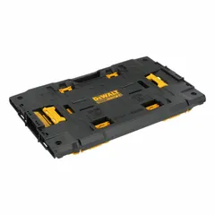 This plastic adapter integrates with the Tough System modular storage lineup, allowing secure connection and stacking of tool boxes. It measures 13 7/16 inches wide by 2 inches high in a black and yellow color scheme. Suitable for organizing and transporting tools on job sites.