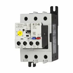 IEC electronic overload relay with 3 poles, 1NO/1NC auxiliary contact form, and phase loss sensitivity. Designed for Frame Size F and compatible with XT Mini Contactors of the same frame size. No thermal units required. Typical applications include motor protection in industrial control panels, conveyors, pumps, and HVAC systems.