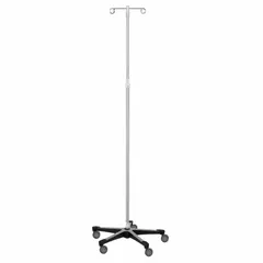 This standard IV pole from BLICKMAN features a stainless steel construction with a 5-leg base for stability. Equipped with 2 hooks, it is designed to support intravenous fluid bags in medical environments.