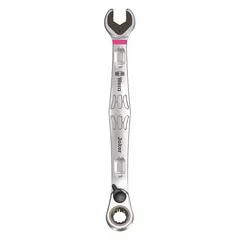 This 8 mm SAE spline ratcheting combination wrench is constructed from alloy steel with a nickel chrome finish. It features an offset design and a 144 mm overall length, suitable for tightening and loosening fasteners in industrial maintenance, automotive repair, and mechanical assembly. The spline ratcheting mechanism enables faster work without repositioning the wrench.