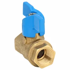 This manual two-way ball valve is made of brass with a straight body and standard port. It features 3/8 inch female iron pipe (FIP) threaded ends on both sides and a locking tee handle for secure positioning. Suitable for on/off control in water, oil, and gas piping systems.