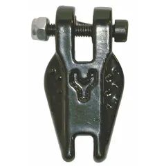 This hook with latch assembly is a replacement latch kit for lever chain hoists. It is compatible with Series 656 hoists and has a load capacity of 1,100 lb. The assembly includes a latch to secure the hook, used in lifting and positioning applications.