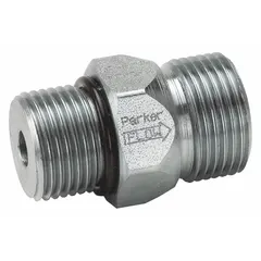Steel body check valve with SAE O-Ring Boss inlet and SAE O-Ring Face Seal outlet. Rated for 2,500 psi and 80 gpm flow with 1 7/8 in connection size. Prevents reverse flow in hydraulic systems.