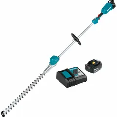 This battery-powered extended-reach hedge trimmer operates on 18 V and features a 24 in blade length with a 3/8 in cutting width. It is designed for trimming and shaping tall hedges, shrubs, and bushes in landscaping and grounds maintenance applications.