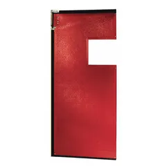 Single-leaf swinging door in red PVC with a vinyl window, 7 ft height and 2 1/2 ft width. Includes door seals, bumpers, and mounting hardware. Meets USDA standards. Suitable for separating areas in industrial facilities where traffic flow and hygiene are required.