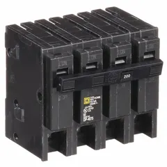 Plug-in miniature circuit breaker for Homeline Load Centers. Rated 200 A, 120/240V AC, single phase, 2 poles, with a maximum interrupting rating of 10kA at 120/240V AC. Provides overcurrent protection for branch circuits in residential and commercial electrical distribution systems.