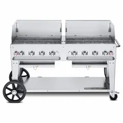 This wheeled propane grill features 8 burners with a 129,000 BtuH heating capacity. Overall dimensions are 36 inches high and 28 inches deep. Designed for use with a 1000 lb propane tank, suitable for high-volume outdoor cooking applications.