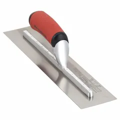 This square-end finishing trowel features a carbon steel blade with a square shape and curved profile. The DuraSoft handle reduces user fatigue. It is used for smoothing and finishing concrete surfaces on slabs, sidewalks, and other flatwork.