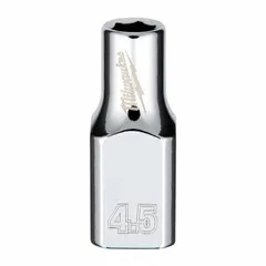 This MILWAUKEE anti-roll hand socket features a 1/4 in drive and 4.5 mm socket size with a 6-point standard configuration. The chrome finish provides corrosion resistance. Its anti-roll design prevents the socket from rolling on sloped surfaces, making it suitable for turning metric fasteners in automotive, mechanical, and industrial assembly and maintenance tasks.