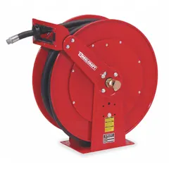 Dual-pedestal gas spring-return hose reel with 50 ft of 3/4 in I.D. hose, 3/4 in MNPT inlet/outlet, and 250 psi maximum operating pressure. Nickel-plated steel construction in red. Suitable for air, water, or oil in industrial hose management applications.