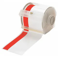 Vinyl continuous label roll, 4 in x 100 ft, red gloss/white gloss finish for outdoor use. Compatible with GlobalMark printer series. Used for pipe marking, safety signage, and equipment labeling in industrial environments.