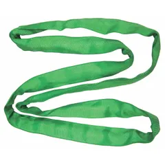 This endless round sling is constructed of polyester for flexibility and load surface protection. With a 4 ft length and 1 3/8 in body diameter, it is used for lifting and rigging heavy loads in industrial settings. The endless design allows multiple hitch configurations, including vertical, choker, and basket hitches.