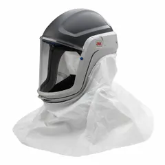 Hood-type respirator helmet for use with powered air-purifying respirator (PAPR) systems. Universal size headgear includes an inner collar, outer shroud, reducing ratchet, standard visor, and visor covers. Suitable for painting, spraying, and other industrial tasks requiring respiratory protection.