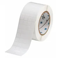 This precut label roll measures 1/2 in x 1/2 in and is made of polyester with a permanent adhesive and white gloss finish. It is compatible with IP Series printers. Typical applications include asset tagging, cable marking, and component labeling in industrial environments