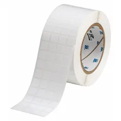 This precut label roll measures 1/2 in x 1/2 in and is made of polyester with a permanent adhesive and white gloss finish. It is compatible with IP Series printers. Typical applications include asset tagging, cable marking, and component labeling in industrial environments.