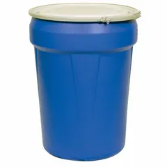 This 30-gallon nestable plastic overpack drum is constructed from HDPE with an open head and unlined interior. It features a metal lever lock closing ring and is designed to hold an original shipping container. The drum carries UN ratings 1H2/X120/S for both solids and liquids, suitable for containment and transport of hazardous materials.