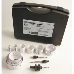 Bi-metal hole saw kit with 4/6 teeth per inch for cutting wood, metal, and plastic. Maximum cutting depth of 1 1/2 inches. Suitable for general construction and installation tasks requiring clean holes in multi-material surfaces.