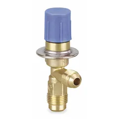 Angle-configured thermostatic expansion valve for R-134A refrigerant. Externally adjustable superheat with 2-ton nominal capacity. Regulates refrigerant flow into evaporators in refrigeration and HVAC systems.