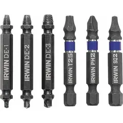 This set includes three double-ended extractor bits (sizes #1, #2, #3) for removing damaged or stripped screws. It accommodates screw sizes #4 to #14 and M5 to M8. Suitable for use in metal, wood, or plastic workpieces with a standard drill driver.