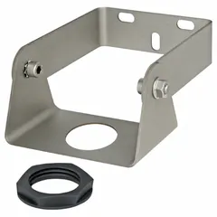 Mounting bracket for non-contact ultrasonic liquid level sensors. Compatible with ECHOBEAM models LR80-0000 and LR80-0010. Overall length 4.7 in, overall height 2.8 in. Used to secure sensors in tanks or vessels for liquid level measurement.