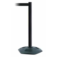 This retractable belt post barrier features a black plastic post and a black belt with no pattern or legend. It includes a rubber base and a 13 ft belt length. Used for crowd control, queue management, and securing restricted areas.
