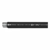 This liquid-tight flexible metal conduit is designed to protect electrical wiring in wet or oily environments. It features a black jacket and is CSA certified. Typical applications include machining, material handling, and HVAC systems where flexibility and moisture resistance are required