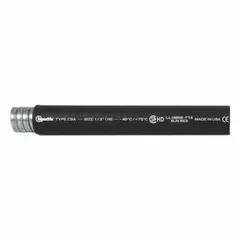 This liquid-tight flexible metal conduit is designed to protect electrical wiring in wet or oily environments. It features a black jacket and is CSA certified. Typical applications include machining, material handling, and HVAC systems where flexibility and moisture resistance are required.