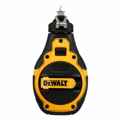 Chalk line reel kit with 100 ft nylon line and 1.8 oz chalk fill. Features a 4:1 gear ratio for fast line retraction. Plastic housing with turn cap door. Color: black/yellow with red accents. Used for marking straight lines on surfaces such as drywall, concrete, and wood in construction layout tasks.