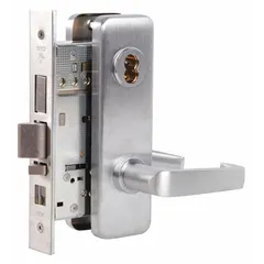 Chrome-finished office lever lockset with ADA-compliant lever operation and interchangeable core. Features a 40H Escutcheon and F12 function for commercial interior doors. Satin chromium-plated stainless steel finish. Suitable for applications requiring key control and accessibility.