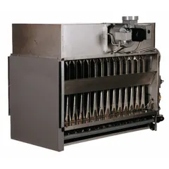 This gas-fired duct furnace provides 400,000 BtuH heating capacity input for commercial and industrial ducted HVAC systems. Constructed with 409 stainless steel, it features a side configuration and a 3/4 in male NPT gas connection. Suitable for heating air in warehouses, factories, and large commercial spaces.