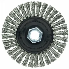 Weld-cleaning brush for stainless steel, 4-inch diameter with 3/16-inch face width and 5/8-inch-11 threaded arbor. Designed to remove slag, discoloration, and oxidation from stringer beads and weld seams in fabrication, piping, and structural applications.