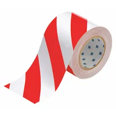 This polyester floor marking tape features a red/white striped pattern for visual warning. It is used to mark aisles, hazard areas, and traffic lanes in industrial facilities such as warehouses, factories, and workshops. The tape has no legend and is 8 mil thick.